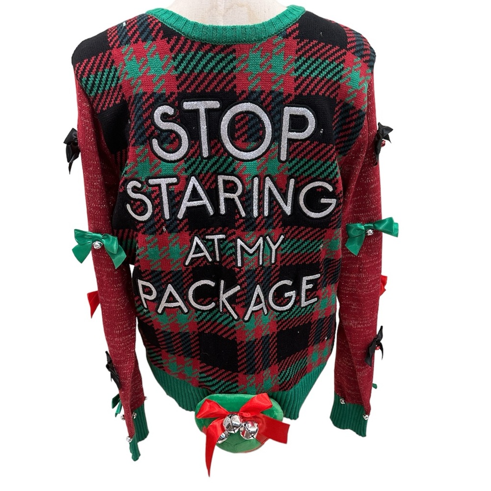 Spencer’s Stop Staring At My Package Light Up Ugly Christmas Sweater Size Medium